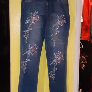 Multi-color rhinestone jeans.